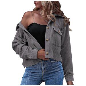 Women's Fall Fashion Cropped Shacket Plaid Jackets Coat-Gray